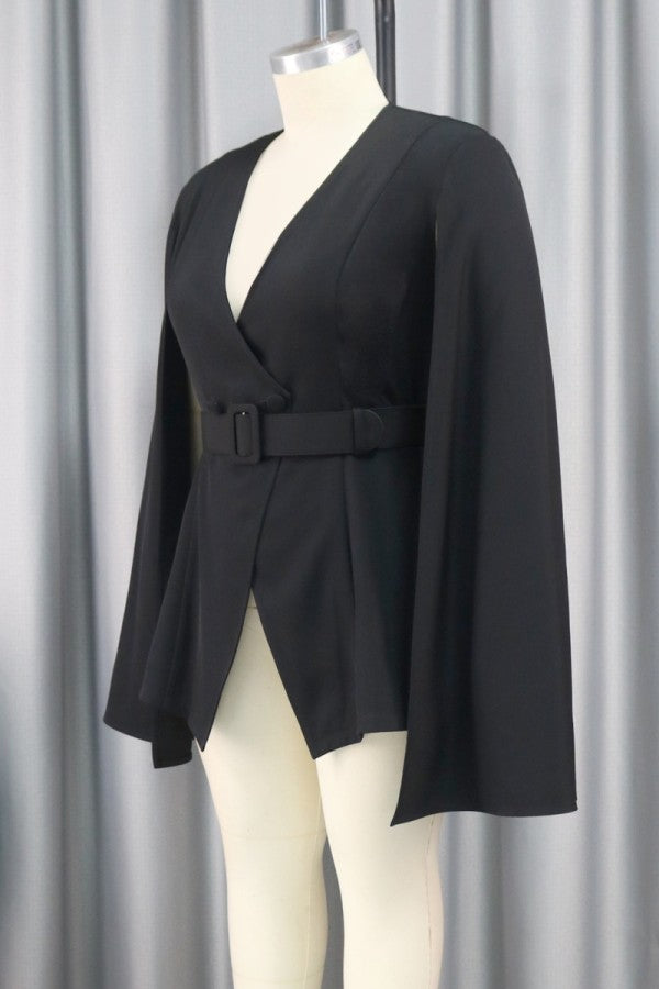 Clacive - Black Casual Solid Patchwork With Belt V Neck Outerwear