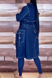 Clacive Deep Blue Elegant Solid Patchwork Pocket Frenulum Buckle Cardigan Collar Long Sleeve Mid Waist Straight Denim Jacket