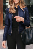 Clacive Blue Street Elegant Solid Patchwork Zipper Mandarin Collar Outerwear