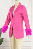 Clacive Rose Red Casual Solid Patchwork Buttons Feathers Turn-back Collar Outerwear