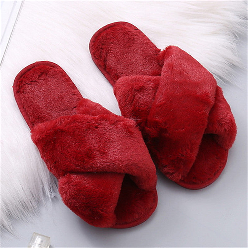 Clacive - Wine Red Casual Living Solid Color Keep Warm Plush Slippers