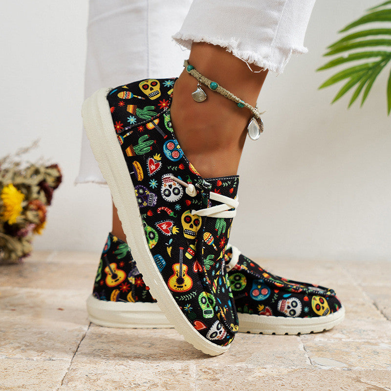 Clacive - Black Casual Patchwork Printing Round Comfortable Shoes