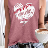 Clacive - Mama Baseball Print Tank Top, Casual Crew Neck Summer Sleeveless Top, Women's Clothing