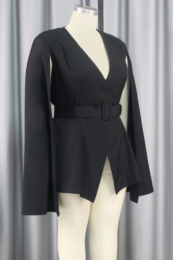 Clacive - Black Casual Solid Patchwork With Belt V Neck Outerwear