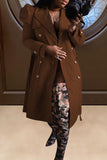 Clacive - Coffee Casual Solid With Belt Turndown Collar Outerwear
