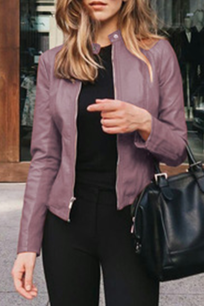 Clacive - Purple Street Elegant Solid Patchwork Zipper Mandarin Collar Outerwear