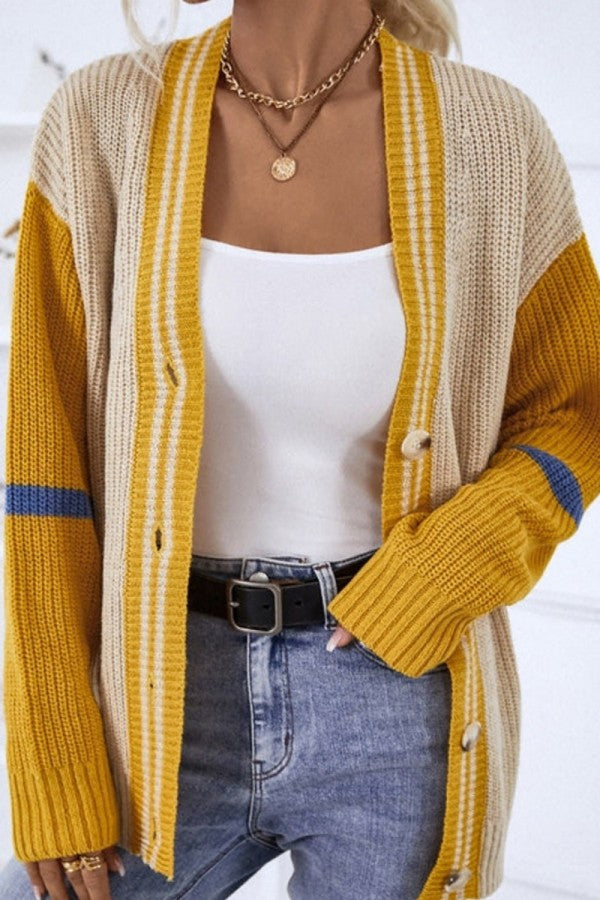 Clacive - Yellow Casual Patchwork Cardigan Contrast Outerwear