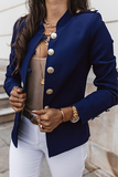 Clacive Tibetan Blue Casual Solid Patchwork Buckle Mandarin Collar Outerwear