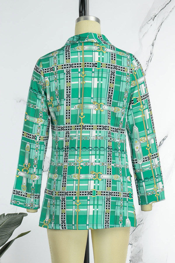 Clacive - Green Casual Work Elegant Print Buttons Turn-back Collar Outerwear(With Belt)