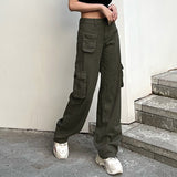 Clacive Vintage Green Clacive Pants Jeans Slim Drawstring Lace Pockets Casual Retro Fall High Waist Clothes Women