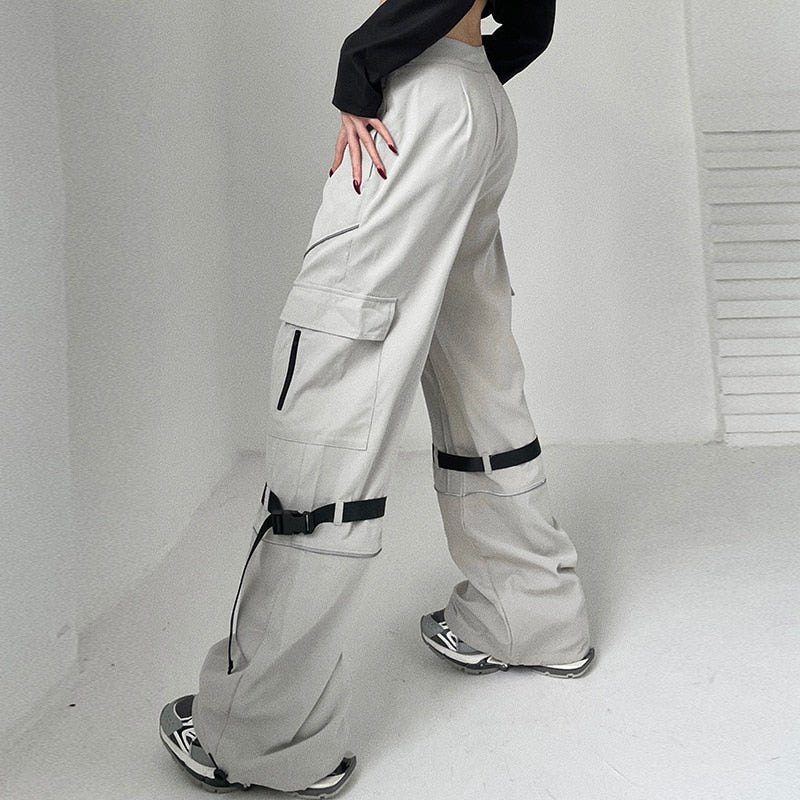 Tech Wear Baggy Pants Parachute Clacive Sweatpant Lace Up Pockets Gray Streetwear Y2k Style Clothes
