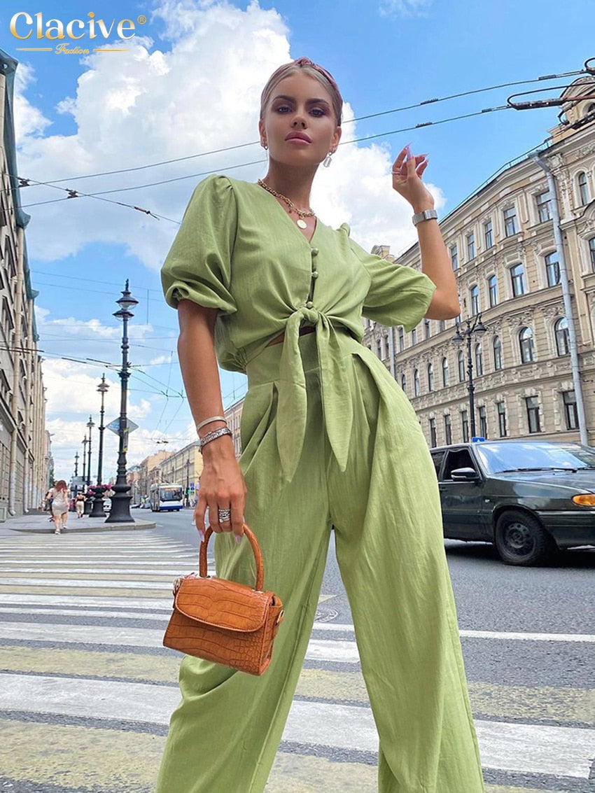 Clacive Summer Puff Sleeve Shirts Set Woman 2 Piece Casual High Waist Wide Trouser Suits Female Vintage Loose Green Pants Set