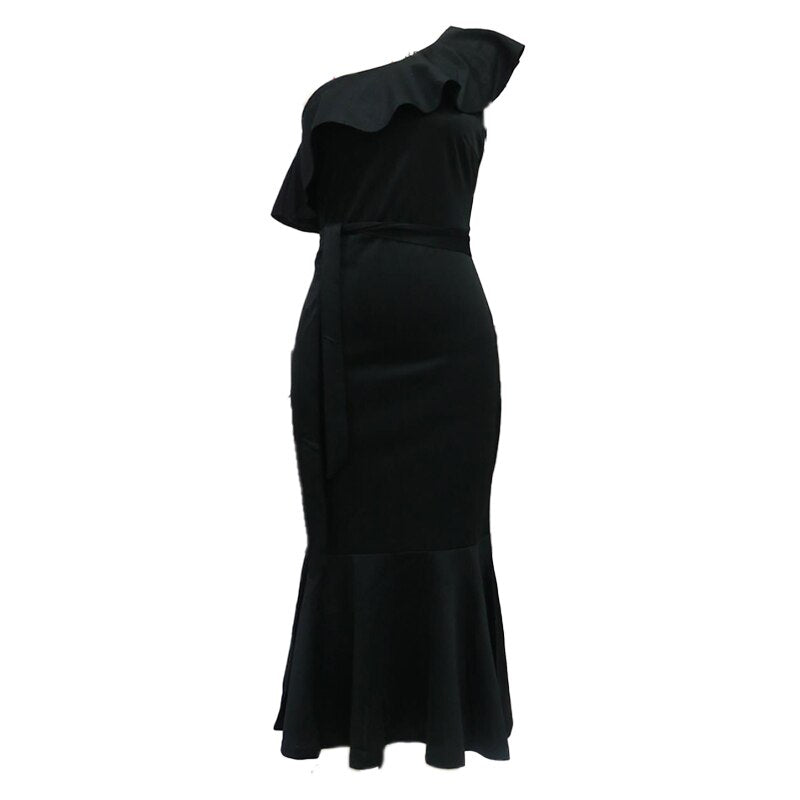 Clacive  Sexy Dresses For Women Fashion Black Slanted Shoulder Ruffle Slim Pack Hip Party Elegant Dress Women's Clothing