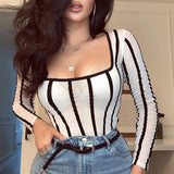 ClaciveBack to school  High Street White Scoop Neck Mesh Sheer Striped Long Sleeve Rompers Women Body Fishnet Top Fashion See-through Jumpsuits Outfits