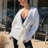Clacive  Women V-Neck Bandage Long Sleeve Sweater Cardigan Ladies Solid Chic Loose Casual Sweaters  Fall Winter Basic Outwears