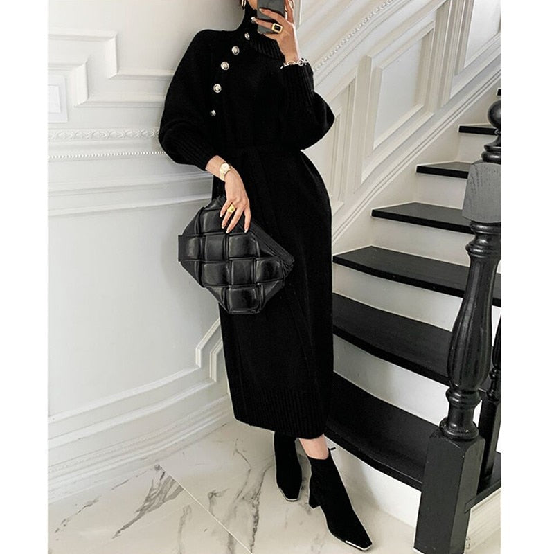 Clacive Elegant Evening Party Dress Knitted Diagonal Colla Sash Tie Up Autumn Winter Mid-Calf Fashion Pullover Sweater Dresses Vintage