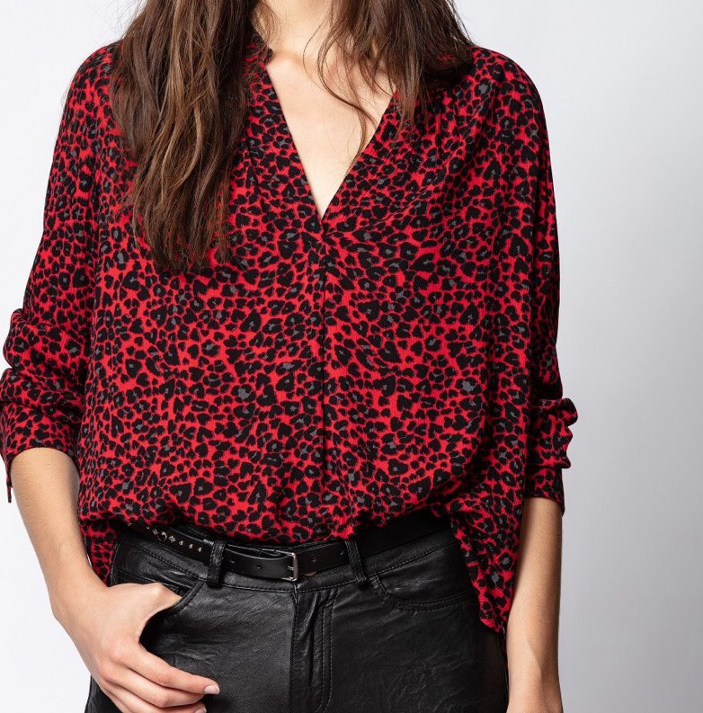 Clacive Women Shirt  New Red Leopard Shirt Print Red Tone Is White And Thin V-Neck Viscose Crepe Top