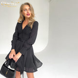 Clacive Winter V-Neck Black Casual Women Dress Elegant Long Sleeve Office Dresses Ladies Fashion Mini Dress For New Year