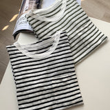 Clacive  Summer Single Pocket Linen Round Neck Striped Short Sleeve T-Shirt Women