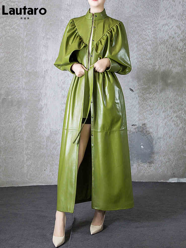Clacive  Autumn Green Black Maxi Soft Faux Leather Trench Coat For Women Designer Long Stylish Elegant Luxury Retro Fashion