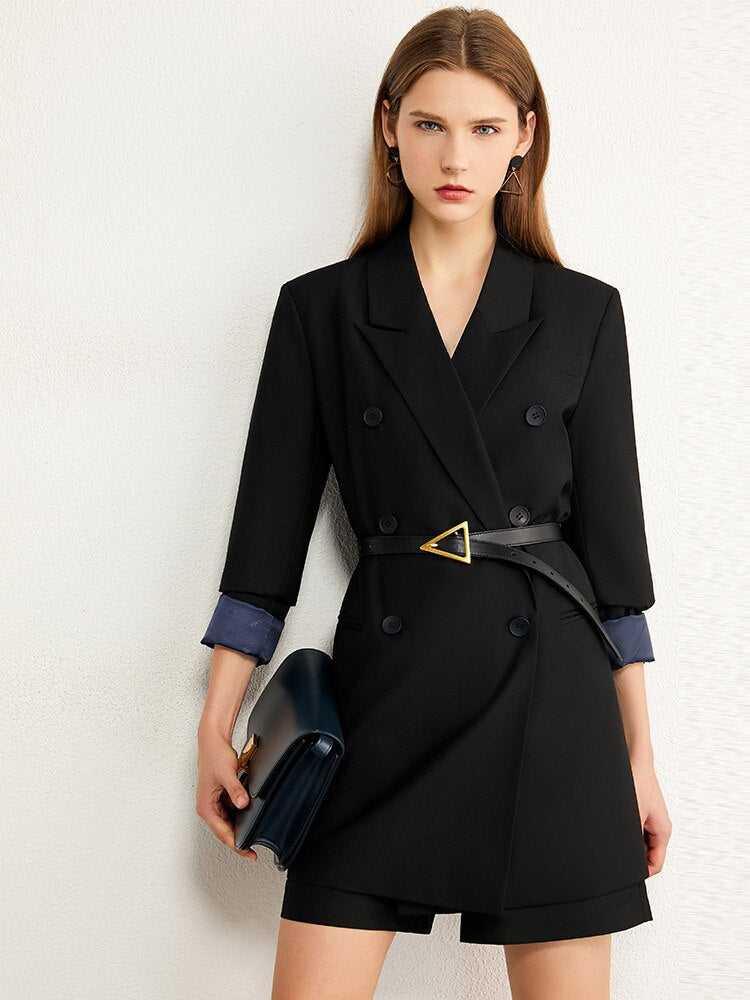 Clacive   Autumn Causal Women Solid Lapel Double Breasted Office Coat High Waist Loose Shorts Female 12060012