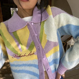 Clacive  Autumn Long Sleeve Sweater Colorful Vintage Turn-Down Collar Knitting Cardigan