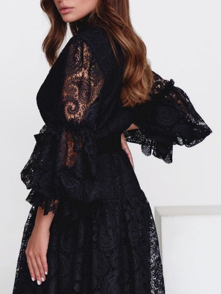 Clacive  Casual Patchwork Lace Bow Dress For Women Round Neck Loose Long Sleeve Mid A Line Dresses Female  Autumn Clothing