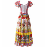 Clacive  Bohemian Style Dress For Women Colorblock High Waist Plus Size Graphic Ruffled Short Sleeve Mid Long Dresses Female  New