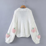 Clacive  Autumn Holiday Floral Sweater Hollow Out Long Sleeve Coarse Yarn Cardigan Strawberry
