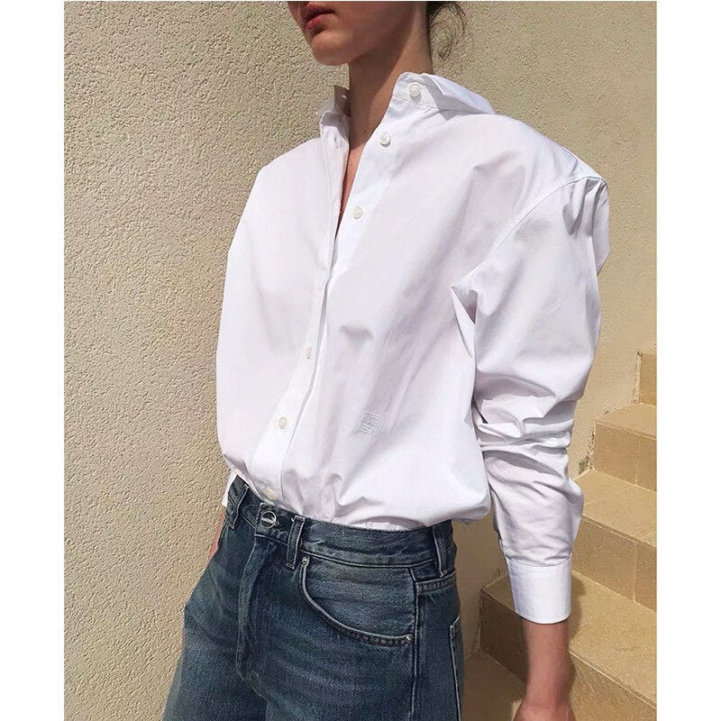 Clacive Embroidery Logo Women Classic White Blouse Fashion Turn-Down Collar Ladies Office Single-Breasted Asymmetry All-Match Blouse Top