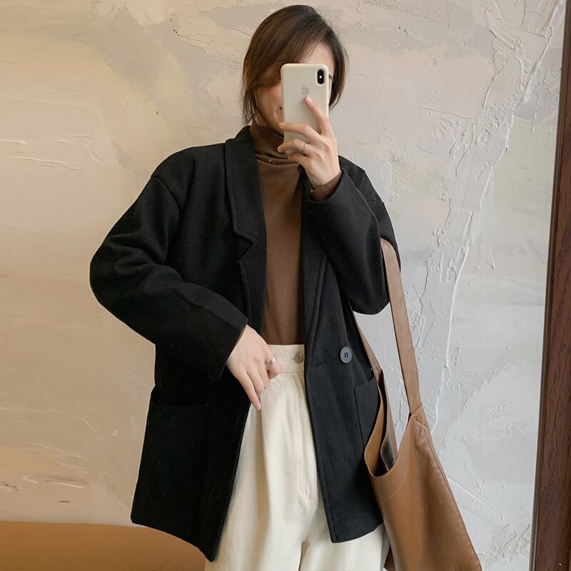 Clacive New Black Woolen Blazers Women Autumn Winter Thick Warm Suit Jacket Female Korean Loose Lapel Fashion Coat