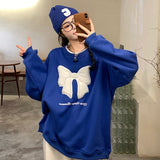 Fall outfits White Big Bow Autumn Hoodies Women O-Neck Long Sleeve Casual Sweatshirts Blue Letters Embroidery Oversized Warm M667
