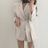 Clacive Solid Color Blazer Womens Sash Tie Up Elegant Female Jacket Korean Style Trend Coat Autumn Vintage Casual Outerwear Ladies