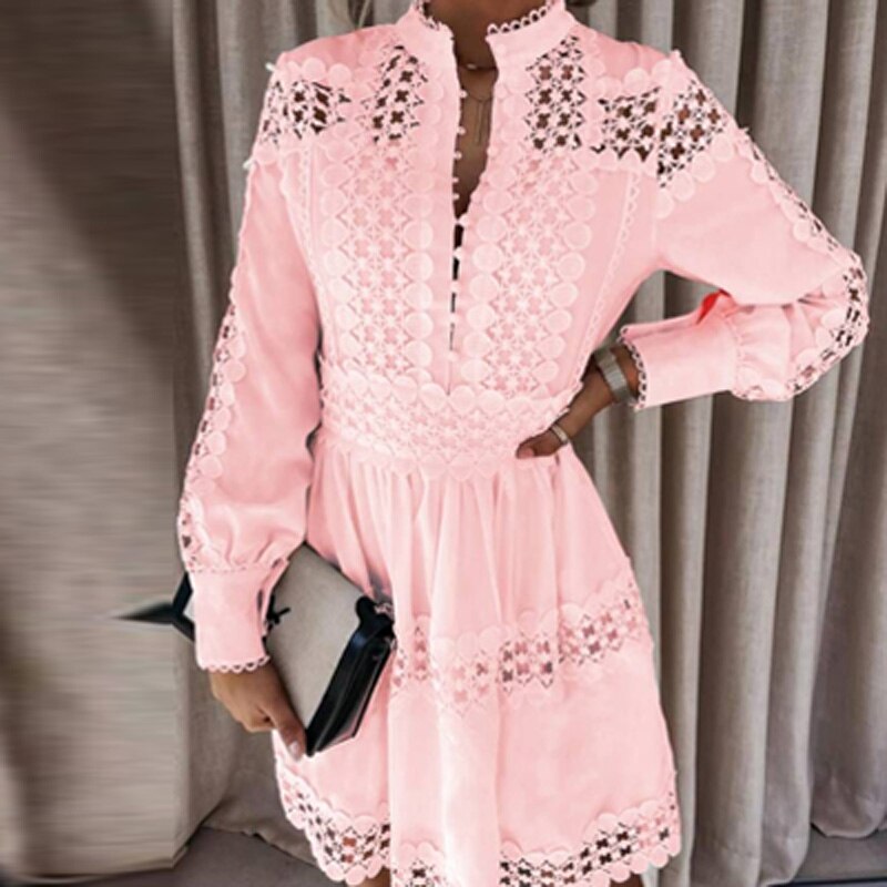 Clacive  Office Lady Elegant Stand Collar Button Patchwork Dress  Spring Fashion Hollow Out Pattern Party Dress Women A-Line Dress