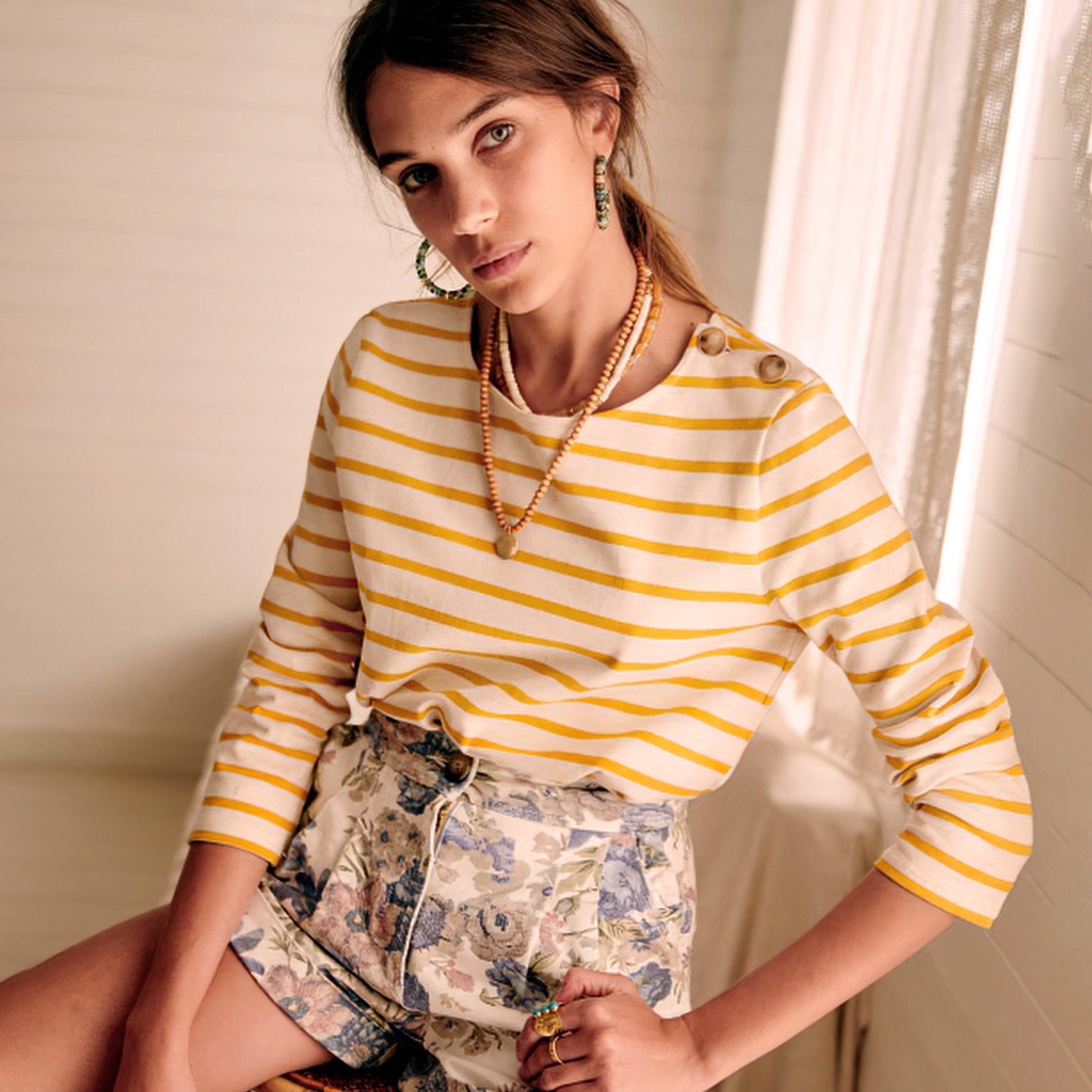 Clacive Classic Striped Women's T-Shirt  Autumn Niche Retro Sea Soul Shirt Round Neck Button Yellow Loose Long-Sleeved Tees