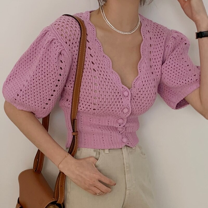 Women's  Summer Runway Fashion Designer Knitted Hollow Out Shirt Female High Waist Casual Loose Blouse Top TB786