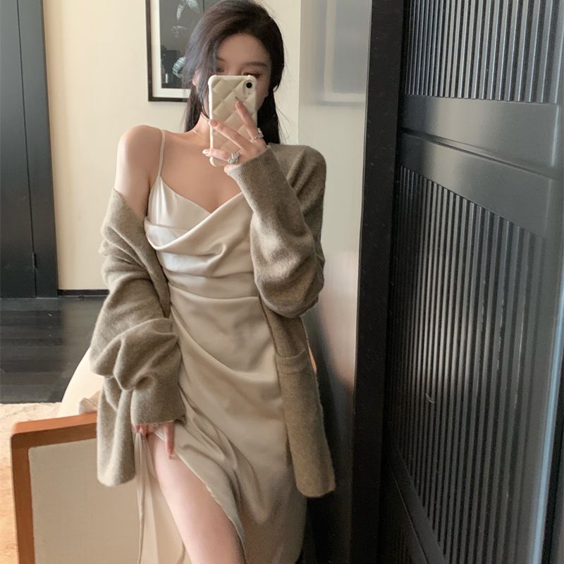 Clacive  Autumn Women Sexy Rouched Slim Suspender Dress Loose Sweater Knitted Cardigan Female Dresses Sets