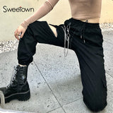 Clacive  Goth Black Cargo Pants Women Punk Style Metal Chain Girl Clothes Zip Open Hippie Elastic High Waist Streetwear Jogger