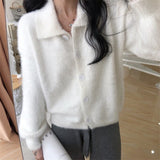 Fall outfits Mink Cashmere Sweater Women Turn Down Collar Long Sleeve Loose Knitted Sweater Cardigan Autumn Coat Hairy Single Breasted X460