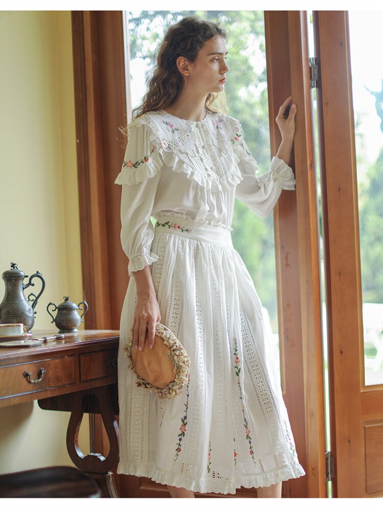 Fall outfits back to school  Women Tops Spring Summer Women Victorian Vintage Antique Exquisite Embroidery Cotton White Shirts/Blouses camisas de mujer