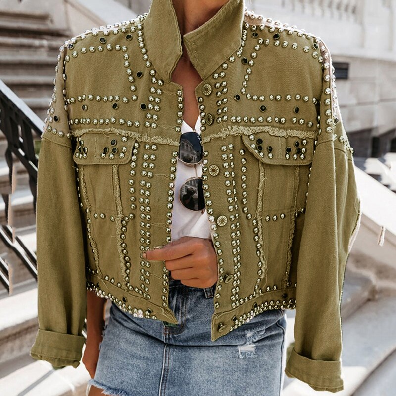 Clacive  Autumn Metal Button Rivet Denim Coat Fahsion Chic Turn-Down Collar Tops Outerwear Women Casual Long Sleve Jean Jacket Streetwear