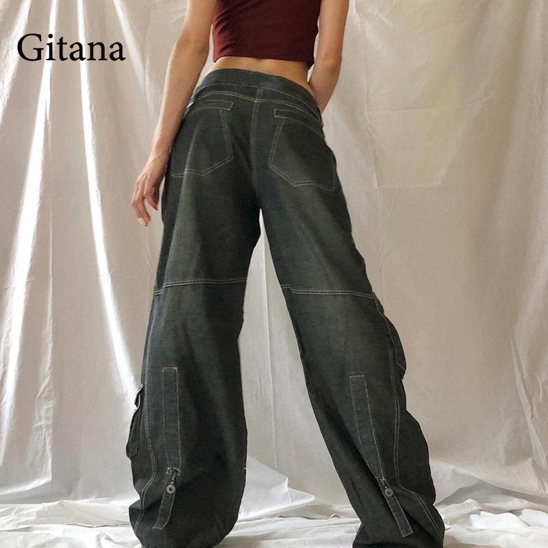 Clacive   Autumn Print Cargo Jeans Women Oversize Pants Grunge Baggy High Waist Jeans Casual Wide Leg Pant Vintage Trousers