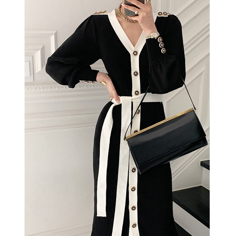 Clacive Vintage Elegant Knitted Long Dress Female Evening Party V-Neck Autumn Winter Office Lady Trend New Sexy Sweater Dresses Women