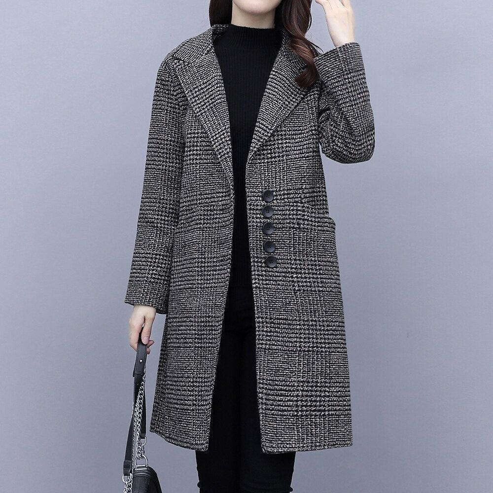 Clacive Women  Spring Autumn Single Breasted Woolen Coats Female Casual Loose Cotton Padded Plaid Winter Jackets Long Outerwear WJ62