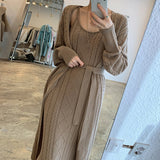 Clacive Autumn Winter Knit Two Piece Set Long Sleeve Cardigans And High Waist Spaghetti Strap Long Knitted Dress Ladies 2 Piece Set