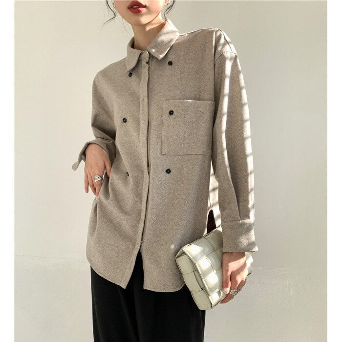 Korean Tops Design Sense Niche Twisted Woven Disc Button Lapel Long-Sleeved Loose Shirt Jacket Casual Retro Female Y2K