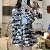 Clacive England Style Tweed Two Piece Set Women Vintage Houndstooth Crop Jakcet And Pleated Mini Skirts Sexy Plaid 2 Piece Set Suits