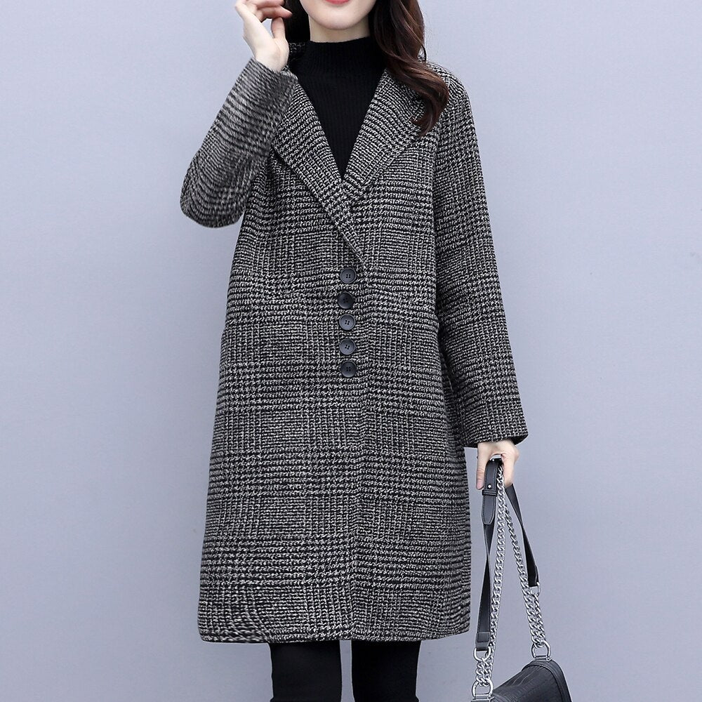 Clacive Women  Spring Autumn Single Breasted Woolen Coats Female Casual Loose Cotton Padded Plaid Winter Jackets Long Outerwear WJ62