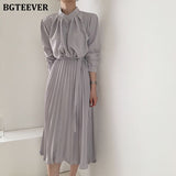 Elegant Stand Collar Single-Breasted Women Dress Office Wear Pleated Lace-Up Ladies Midi Dress  Autumn Vestidos