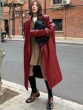 Clacive  Autumn Long Oversized Wine Red Leather Trench Coat For Women Long Sleeve Lapel Loose Casual Stylish Korean Fashion